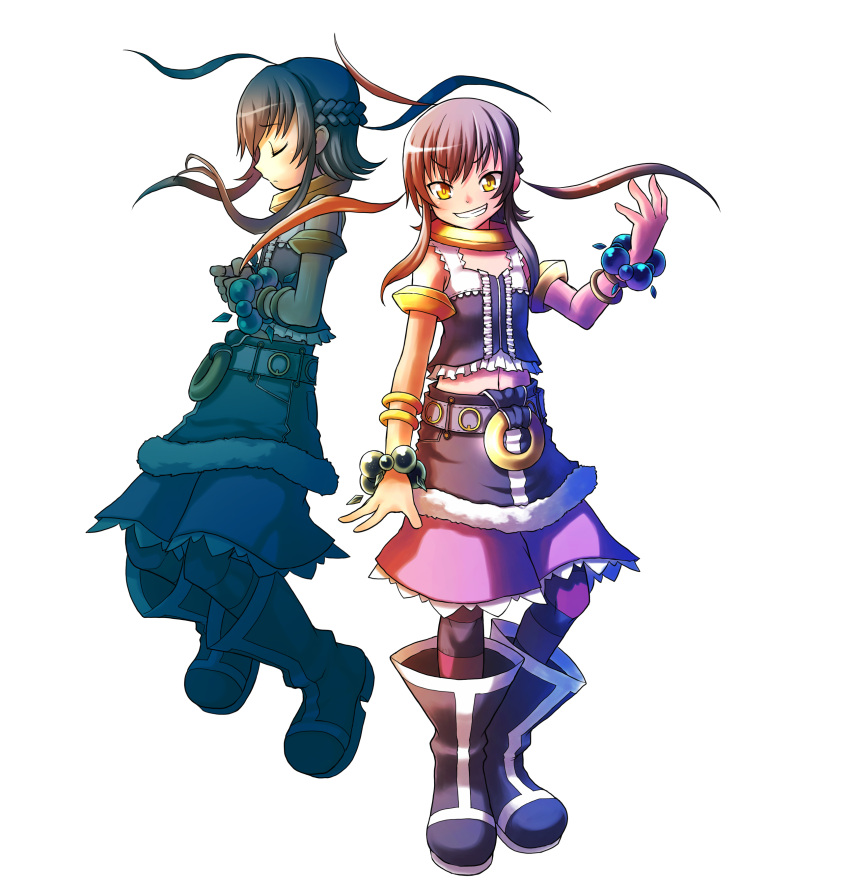 2girls absurdres black_footwear black_hair black_legwear blush boots bracelet closed_eyes closed_mouth eyebrows_visible_through_hair facing_away hands_clasped highres jewelry kanatarou knee_boots kneehighs looking_at_viewer malcem_yukika multiple_girls navel neck_ring official_art own_hands_together parted_lips short_hair smile teeth transparent_background trouble_witches trouble_witches_neo yellow_eyes