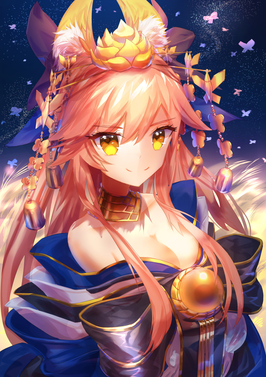 absurdres animal_ears bell breasts cleavage collarbone crown detached_sleeves fate/grand_order fate_(series) fox_ears fox_tail highres japanese_clothes jingle_bell large_breasts light_smile long_hair looking_at_viewer night night_sky outdoors pink_hair sky tail tamamo_(fate)_(all) tamamo_no_mae_(fate) very_long_hair yellow_eyes