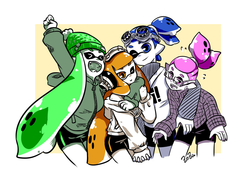 &gt;_&lt; 2boys 2girls arm_around_neck arm_up bangs beanie bike_shorts black_shorts blue_eyes blue_hair blunt_bangs brother_and_sister closed_mouth collared_shirt cowboy_shot crazy_(zoza) cropped_legs domino_mask donut_(zoza) earrings fangs glasses goggles goggles_on_head green_hat hat headphones hood hoodie hug inkling jewelry long_hair looking_at_viewer mask multiple_boys multiple_girls off_shoulder open_mouth outside_border plaid plaid_shirt pointy_ears pose print_shirt pudding_(zoza) purple_hair raised_fist rectangular_eyewear sane_(zoza) scrunchie shirt short_hair short_over_long_sleeves shorts siblings single_vertical_stripe smile splatoon splatoon_1 squid standing tentacle_hair topknot violet_eyes yellow_background zipper zipper_pull_tab zoza