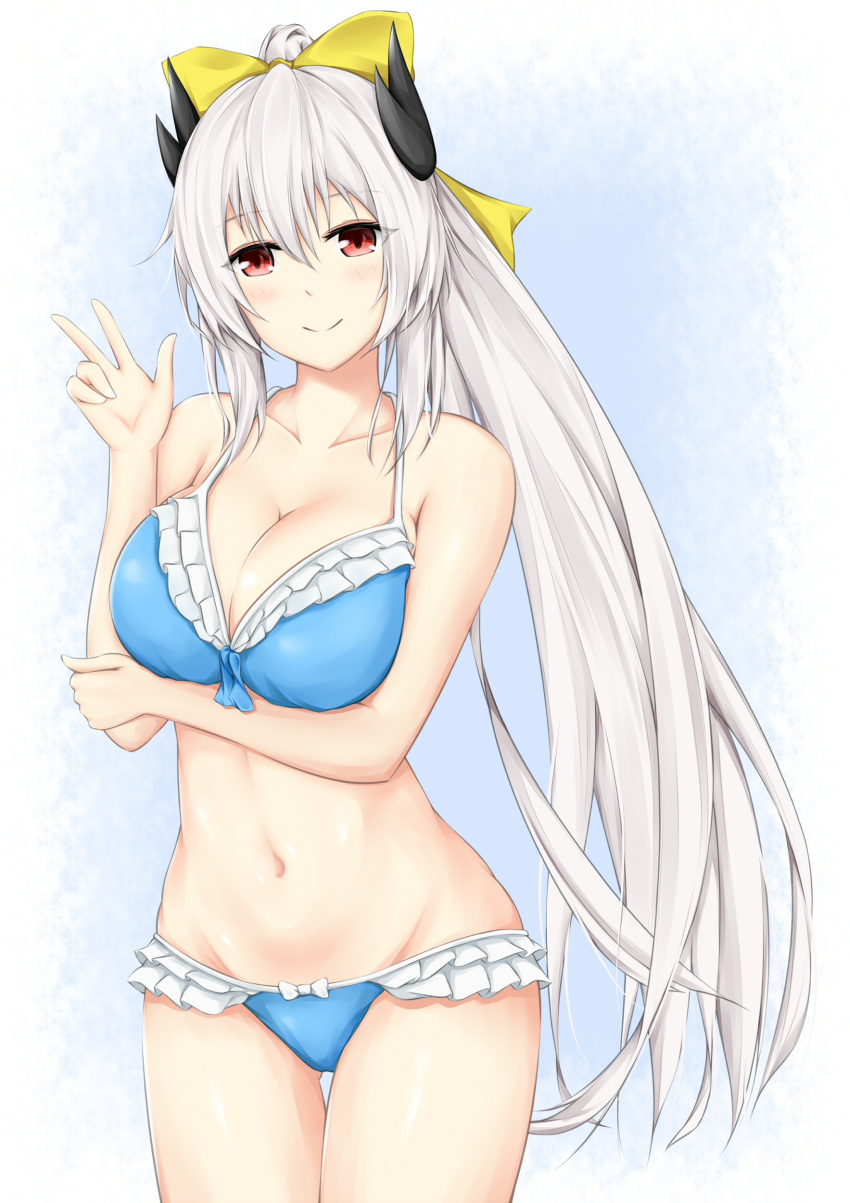 1girl absurdres bikini blue_bikini blush bow breasts eyebrows_visible_through_hair fate/grand_order fate_(series) frilled_bikini frills grey_hair hair_between_eyes hair_bow highres horns kiyohime_(fate/grand_order) kiyohime_(swimsuit_lancer)_(fate) large_breasts long_hair looking_at_viewer navel pixiv_fate/grand_order_contest_2 ponytail red_eyes smile solo swimsuit v very_long_hair yellow_bow yuyusuika