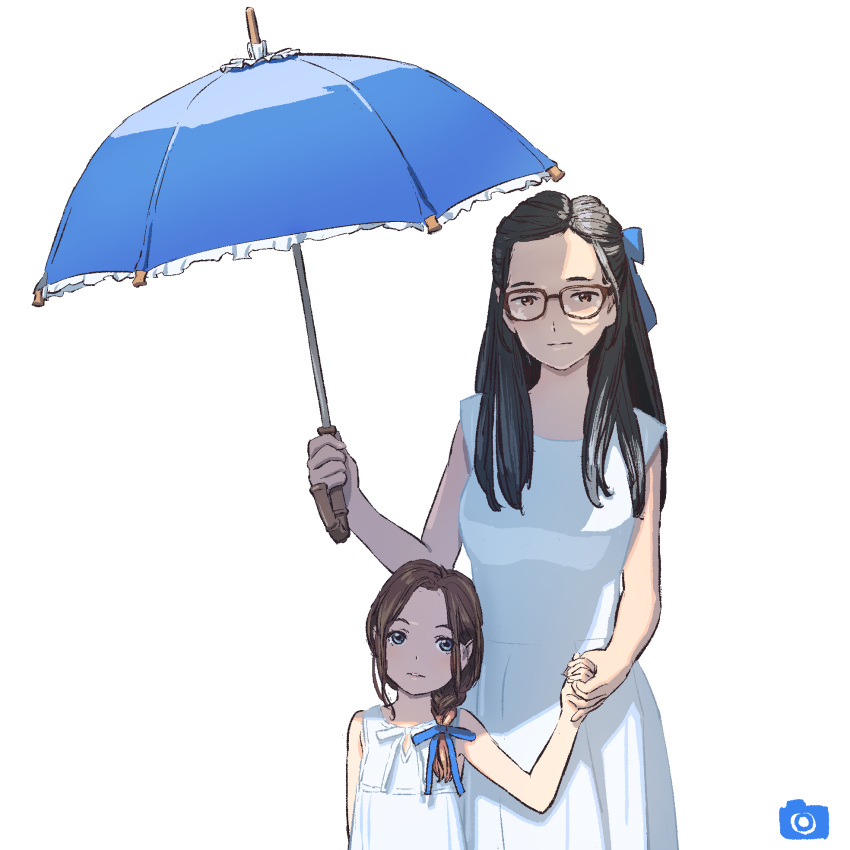 2girls black_hair blue_bow blue_eyes blue_ribbon bow braid brown-framed_eyewear brown_eyes brown_hair dress glasses hair_bow hair_ribbon hand_holding hand_up highres holding holding_umbrella long_hair looking_at_viewer multiple_girls nazoani_museum original parted_lips ribbon single_braid sleeveless sleeveless_dress sundress transparent_background tress_ribbon umbrella white_dress