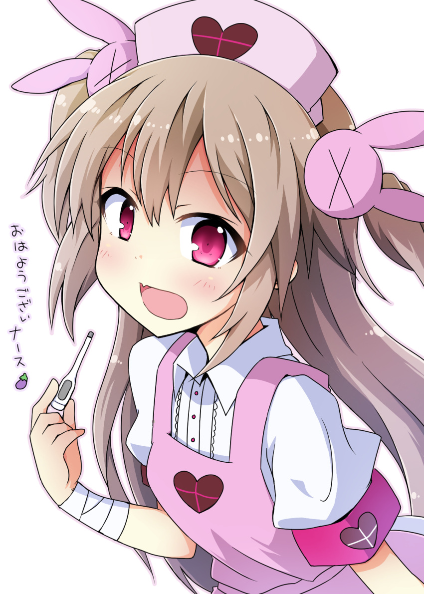 1girl :d apron bandage bunny_hair_ornament commentary_request eyebrows_visible_through_hair hair_ornament hat heart highres light_brown_hair long_hair looking_at_viewer natori_sana nurse_cap open_mouth pink_apron pink_hat sana_channel short_sleeves simple_background smile solo translation_request two_side_up upper_body violet_eyes virtual_youtuber white_background yuuhi_alpha