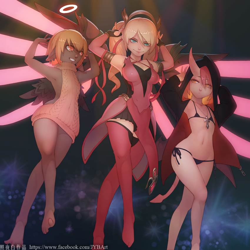 3girls armlet armpits bare_arms bare_legs bare_shoulders barefoot black_bra black_gloves black_panties black_skirt blonde_hair blue_eyes bra breasts chinese commentary_request cross cross_necklace dark_skin earrings facebook_username fingerless_gloves gloves halo hands_up hood hood_up horn jewelry latin_cross long_hair looking_at_another looking_at_viewer medium_breasts meme_attire mercy_(overwatch) multiple_girls navel necklace orange_eyes original overwatch panties pink_mercy pleated_skirt pointy_ears red_legwear redhead short_hair side-tie_panties skirt smile thigh-highs twintails underwear virgin_killer_sweater watermark web_address wings zhaoyebai