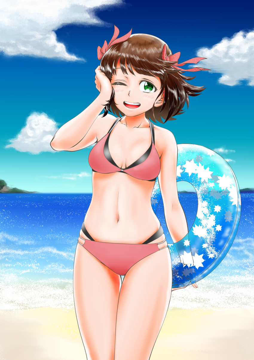 1girl ;d absurdres amami_haruka bare_arms bare_shoulders beach bikini blue_sky blush bow brown_hair cowboy_shot day green_eyes hair_bow hair_ribbon highres holding holding_innertube horizon idolmaster idolmaster_(classic) innertube looking_at_viewer navel one_eye_closed open_mouth outdoors pink_bikini pink_bow pink_ribbon ribbon sand short_hair sky smile solo standing stomach swimsuit thigh_gap todoroki_convoy water