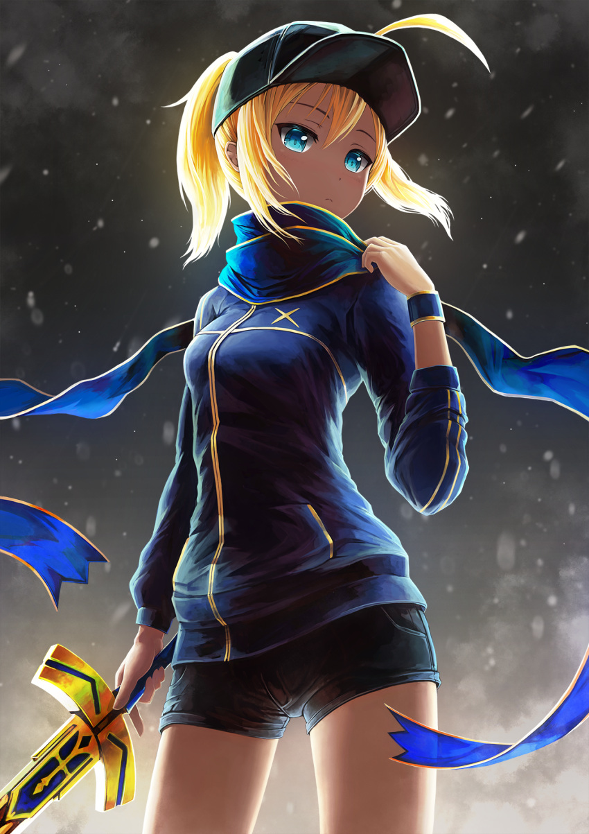 1girl ahoge animal_ears artoria_pendragon_(all) bangs baseball_cap black_hat black_shorts blonde_hair blue_eyes blue_jacket blue_scarf blush closed_mouth commentary_request fate/extella fate/extra fate/grand_order fate_(series) hair_between_eyes hair_through_headwear hat highres himitsucalibur holding holding_sword holding_weapon jacket long_hair looking_at_viewer mysterious_heroine_x pixiv_fate/grand_order_contest_2 scarf short_shorts shorts solo sword track_jacket weapon wolf_ears yoka1chi