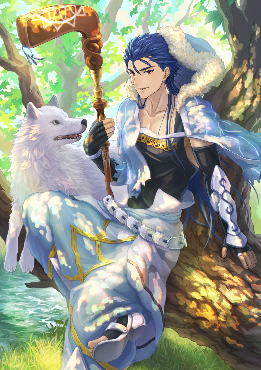 1boy black_gloves black_shirt blue_hair collarbone cu_chulainn_(fate/grand_order) earrings elbow_gloves fate/grand_order fate_(series) fingerless_gloves gloves highres hood jewelry lancer long_hair looking_at_viewer male_focus nature outdoors pixiv_fate/grand_order_contest_2 red_eyes robe shirt smile solo suikatabetaifrom toeless_legwear tree water white_wolf wolf