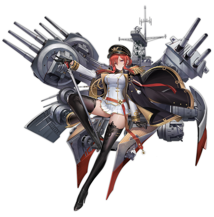 1girl aiguillette arm_at_side azur_lane bangs between_legs black_coat black_gloves black_hat black_legwear braid breasts buttons coat epaulettes eyebrows eyelashes french_braid full_body gloves hair_between_eyes hair_bun hat high_heels highres jacket_on_shoulders jewelry large_breasts leg_up liduke long_hair long_sleeves machinery military military_hat military_uniform miniskirt monarch_(azur_lane) official_art open_clothes open_coat outstretched_arm parted_lips peaked_cap pink_eyes pleated_skirt redhead ring scepter shirt sidelocks simple_background single_braid skirt solo tachi-e thigh-highs thumb_ring transparent_background turret unbuttoned uniform white_shirt white_skirt world_of_warships zettai_ryouiki