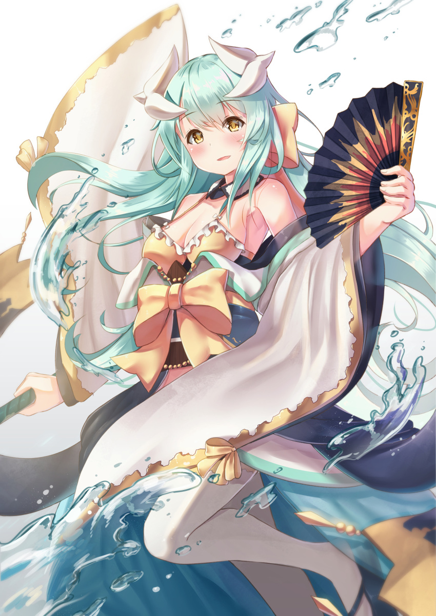 1girl absurdres aqua_hair bikini blurry blush bow breasts cleavage depth_of_field fan fate/grand_order fate_(series) folding_fan hair_bow highres holmemee horns kiyohime_(fate/grand_order) kiyohime_(swimsuit_lancer)_(fate) long_hair looking_at_viewer medium_breasts parted_lips revision sketch smile solo swimsuit water yellow_bikini yellow_eyes