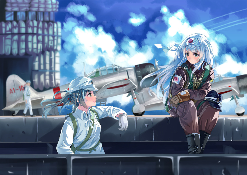 a6m_zero aircraft_carrier alternate_costume black_footwear boots brown_pants gloves green_eyes green_hair hachimaki hairband hat hat_removed headband headwear_removed highres imperial_japanese_navy kantai_collection long_hair long_sleeves longmei_er_de_tuzi looking_at_another military military_hat military_uniform military_vehicle pants pilot_suit ship shoukaku_(kantai_collection) smile twintails uniform warship watercraft white_gloves white_hair white_hairband zuikaku_(kantai_collection)