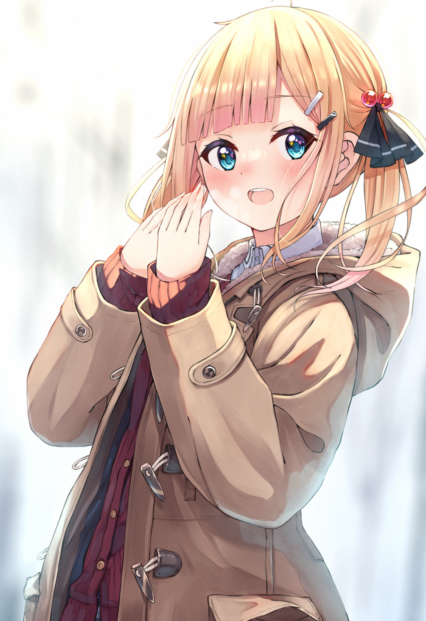1girl :d bangs black_ribbon blonde_hair blue_eyes blurry blurry_background blush breath brown_coat coat collared_shirt commentary_request depth_of_field dress_shirt enuni eyebrows_visible_through_hair hair_bobbles hair_ornament hair_ribbon hairclip hands_up highres hood hood_down hooded_coat hoshino_sora_(n2) long_sleeves looking_at_viewer open_clothes open_coat original red_carpet ribbon shirt sleeves_past_wrists smile solo teeth twintails upper_body upper_teeth white_shirt