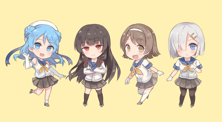 4girls asymmetrical_legwear black_hair black_legwear blue_eyes blue_hair brown_eyes brown_hair chibi crossed_arms double_bun elbow_gloves gloves hair_ornament hair_over_one_eye hair_ribbon hairband hairclip hamakaze_(kantai_collection) hat highres isokaze_(kantai_collection) kantai_collection kneehighs long_hair long_sleeves multiple_girls neckerchief pantyhose pleated_skirt red_eyes ribbon sailor_hat school_uniform senbei_(senbe_i) serafuku short_hair short_sleeves silver_hair simple_background single_kneehigh single_thighhigh skirt sleeves_rolled_up socks tanikaze_(kantai_collection) thigh-highs tress_ribbon urakaze_(kantai_collection) white_gloves white_hairband white_hat white_legwear yellow_background yellow_neckwear