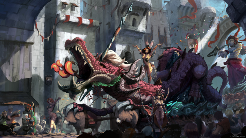 animal_ears breasts carnival chains cleavage confetti crowd cutesexyrobutts dragon eastern_dragon highres horns original parade polearm rabbit_ears scenery shield signature spear thighs weapon