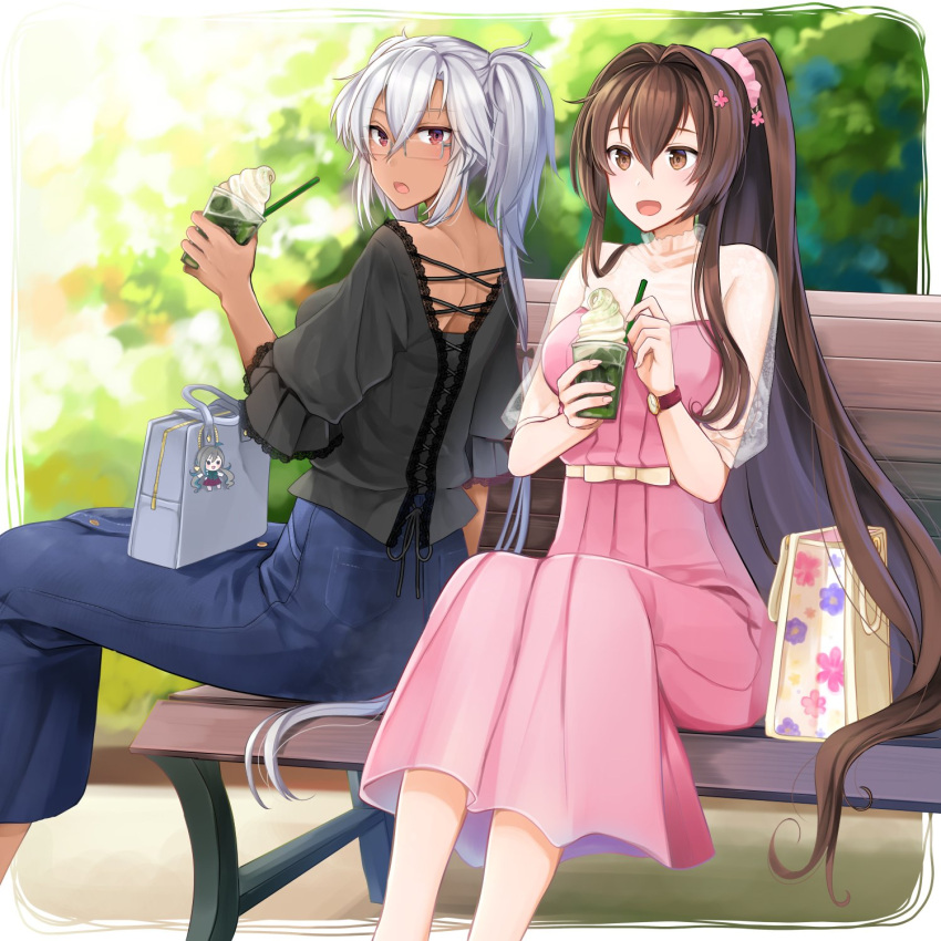 2girls alternate_costume alternate_hairstyle bag bench black_blouse blouse blue_dress brown_eyes brown_hair charm cherry_blossoms dark_skin dress feet_out_of_frame flower frilled_blouse hair_flower hair_ornament highres kantai_collection kiyoshimo_(kantai_collection) long_hair looking_at_viewer multiple_girls musashi_(kantai_collection) no_lasses pink_dress ponytail red_eyes silver_hair watch watch yamato_(kantai_collection) yunamaro