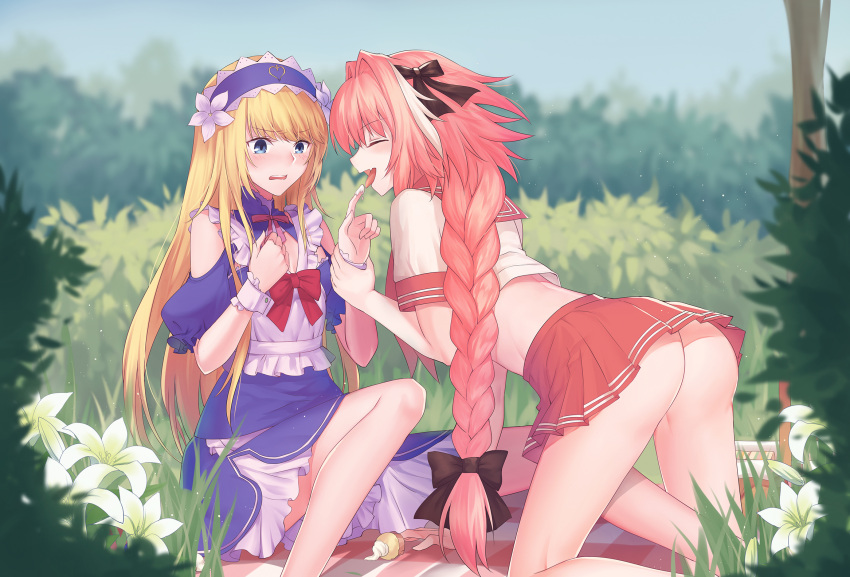 2boys ass astolfo_(fate) black_bow blonde_hair blue_eyes blush bow braid chevalier_d'eon_(fate/grand_order) closed_eyes dress eyebrows_visible_through_hair fang fate/apocrypha fate/grand_order fate_(series) flower food gogatsu_fukuin grass hair_bow hairband highres long_braid looking_at_viewer male_focus multiple_boys picnic pink_hair pleated_skirt sexually_suggestive single_braid skirt trap yaoi