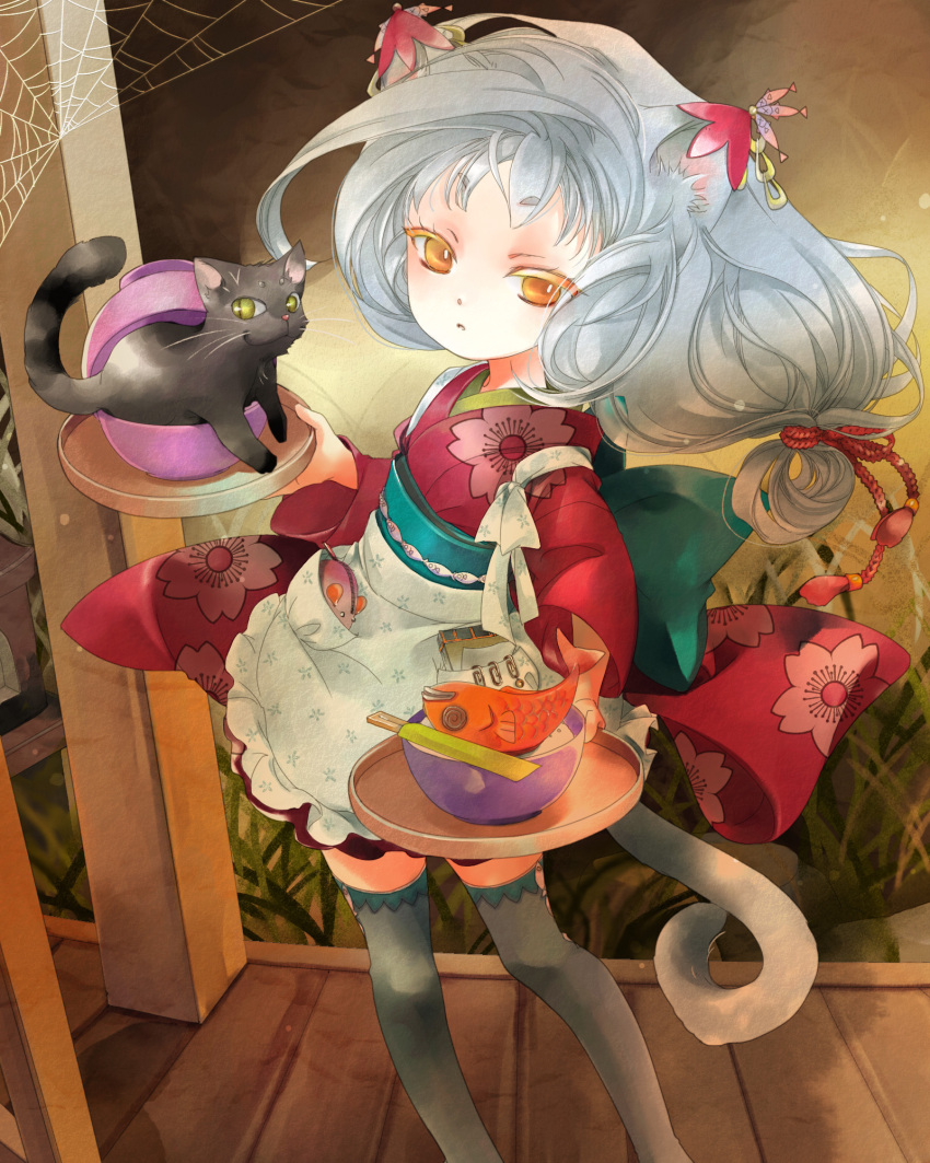 1girl animal_ears awai brown_eyes cat cat_ears cat_tail fish floral_print geta grey_legwear highres indoors japanese_clothes kimono long_hair long_sleeves looking_at_viewer mouse original red_kimono silk silver_hair solo spider_web tail thigh-highs