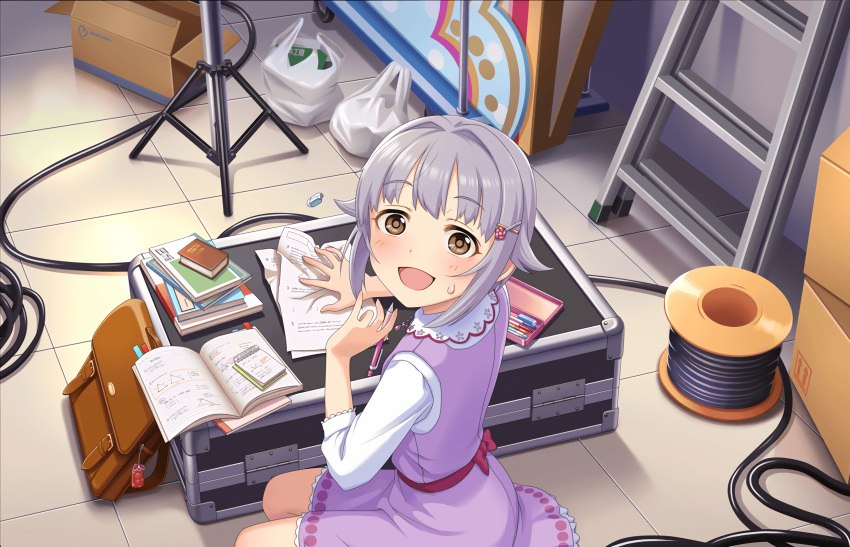 1girl artist_request bag blush book brown_eyes charm_(object) cupboard eraser hair_ornament hairclip highres holding holding_pencil idolmaster idolmaster_cinderella_girls idolmaster_cinderella_girls_starlight_stage instrument_case koshimizu_sachiko long_sleeves looking_at_viewer notepad official_art open_mouth paper pencil pencil_case plastic_bag purple_hair school_bag short_hair solo sweatdrop