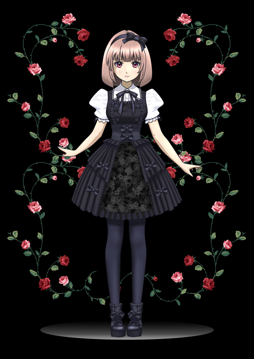 1girl absurdres black_background black_bow black_dress black_hairband black_legwear boots bow bowtie commentary_request dress endou_shin floral_print flower frilled_dress frills full_body gothic_lolita hair_bow hair_ribbon hairband highres light_brown_hair lolita_fashion looking_at_viewer original pantyhose pink_hair pink_lips puffy_sleeves ribbon rose short_hair short_sleeves solo standing violet_eyes