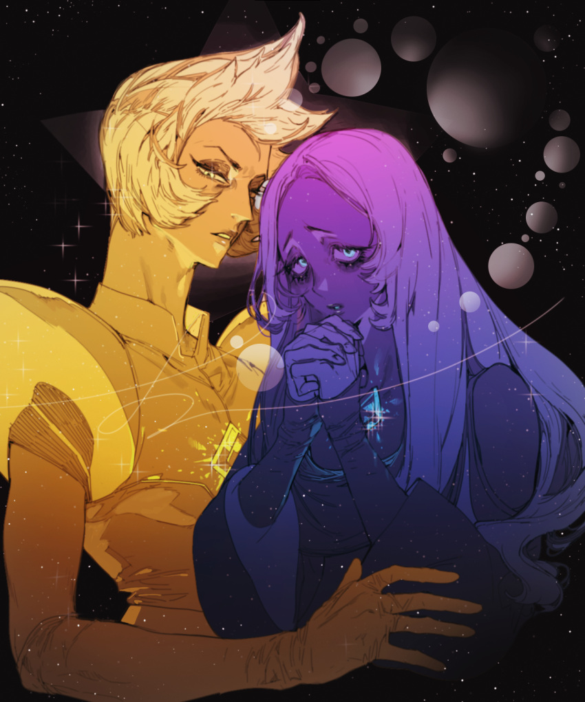 2girls blue_diamond_(steven_universe) blue_eyes blue_hair chest_jewel dark_background diamond-shaped_pupils dress eyelashes eyeshadow gem hands_together highres long_hair looking_at_viewer makeup multiple_girls parted_lips pigeon666 planet short_hair space star star_(sky) steven_universe symbol-shaped_pupils upper_body very_long_hair yellow_diamond_(steven_universe) yellow_eyes