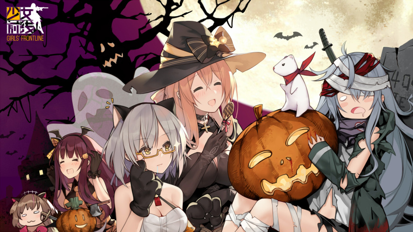 &gt;_&lt; +_+ /\/\/\ 5girls :3 alternate_costume animal_ears axe bandage bandaged_head bandaged_leg bangs bare_shoulders bare_tree bat_ornament black_bow black_gloves black_hat blush bow breasts brown_hair cat_ears cleavage closed_eyes closed_mouth collar copyright_name dress drooling earrings eyebrows_visible_through_hair fake_animal_ears food food_themed_hair_ornament full_moon g11_(girls_frontline) ghost girls_frontline glasses gloves grey_hair hair_between_eyes hair_ornament hair_rings hairband halloween halloween_costume hat hat_bow headband highres holding holding_food jack-o'-lantern jewelry knife knife_in_head large_breasts logo long_hair m1903_springfield_(girls_frontline) mink mk_23_(girls_frontline) moon multicolored_hair multiple_girls official_art open_mouth paw_gloves paws pink_hair pumpkin pumpkin_hair_ornament saber_(weapon) scarf semi-rimless_eyewear short_hair sidelocks sitting smile sparkle streaked_hair suisai sword symbol-shaped_pupils tombstone torn_clothes tree vector_(girls_frontline) wa2000_(girls_frontline) weapon witch witch_hat yellow_eyes