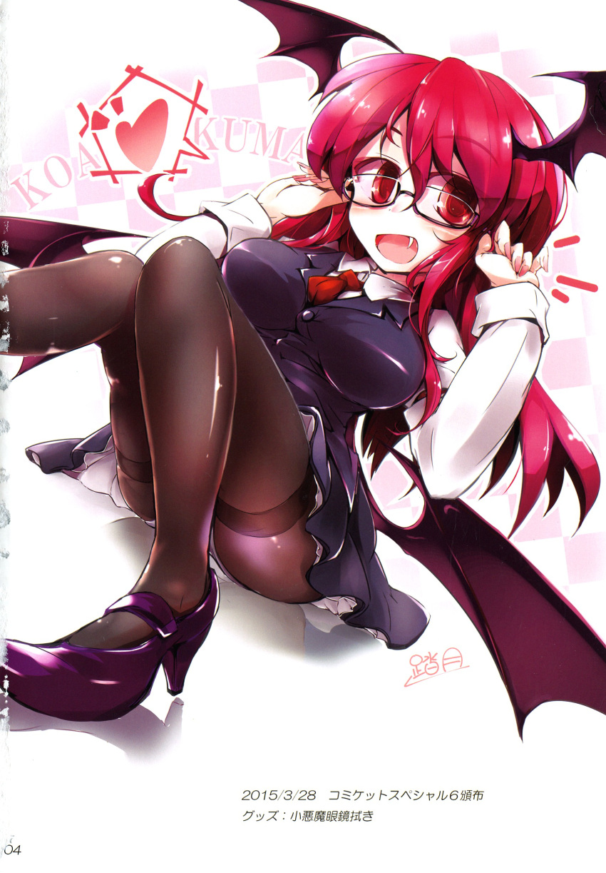 absurdres between_breasts black_legwear breasts colored demon_wings doujinshi eyebrows_visible_through_hair fangs frills fumitsuki_(minaduki_6) glasses head_wings high_heels highres koakuma long_hair long_sleeves necktie necktie_between_breasts open_mouth red_eyes redhead shirt sitting solo tagme touhou white_shirt wings