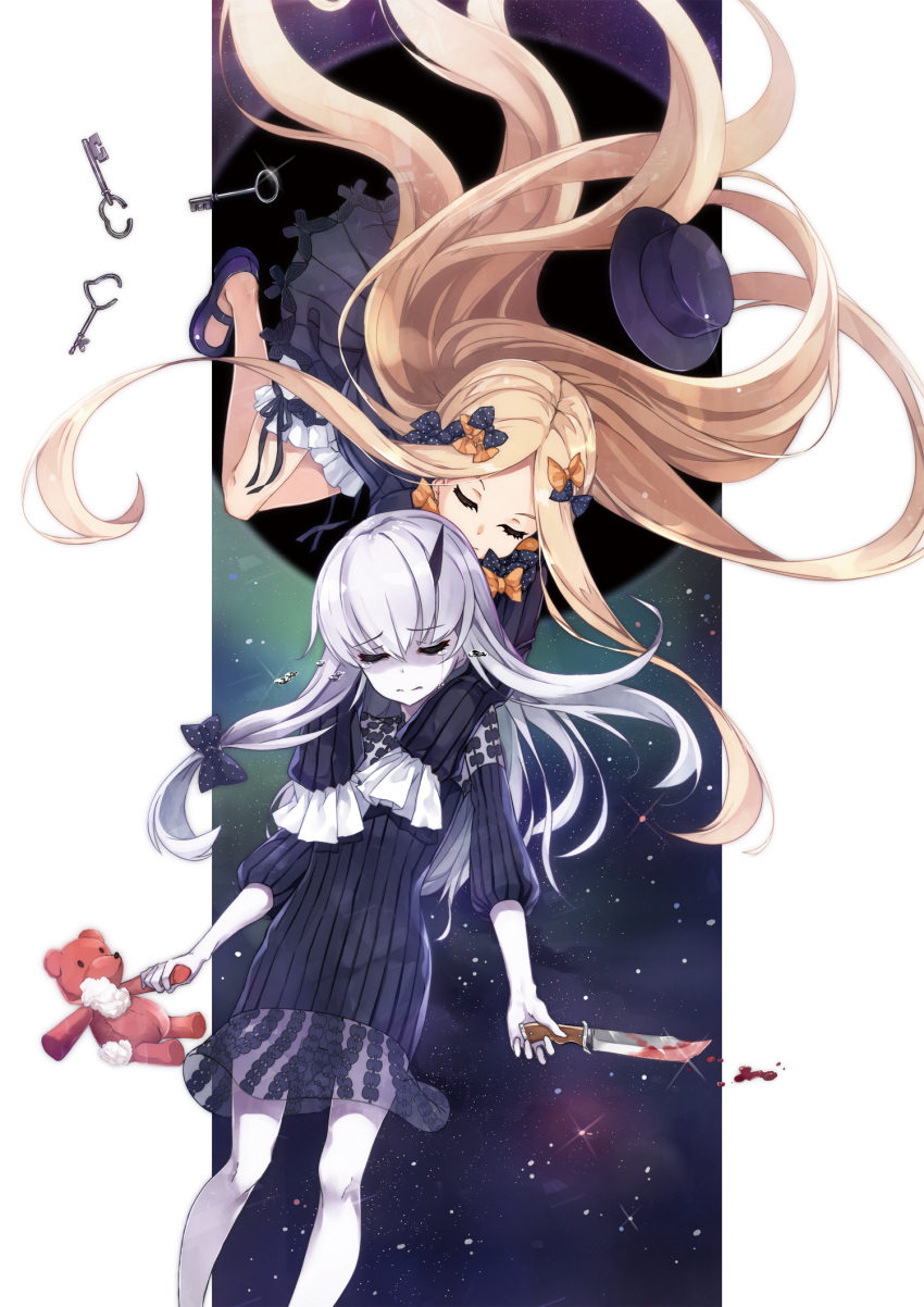 2girls abigail_williams_(fate/grand_order) bangs black_bow black_dress black_footwear black_hat blonde_hair blood bloomers bow bug butterfly closed_eyes commentary_request damaged dress facing_viewer fate/grand_order fate_(series) glint hair_bow hat hat_removed headwear_removed highres holding holding_knife holding_stuffed_animal horn hug hug_from_behind insect key knife lavinia_whateley_(fate/grand_order) long_hair long_sleeves mary_janes multiple_girls orange_bow parted_bangs pixiv_fate/grand_order_contest_2 polka_dot polka_dot_bow shoes silver_hair sleeves_past_fingers sleeves_past_wrists star_(sky) stuffed_animal stuffed_toy teddy_bear toki/ underwear very_long_hair white_bloomers