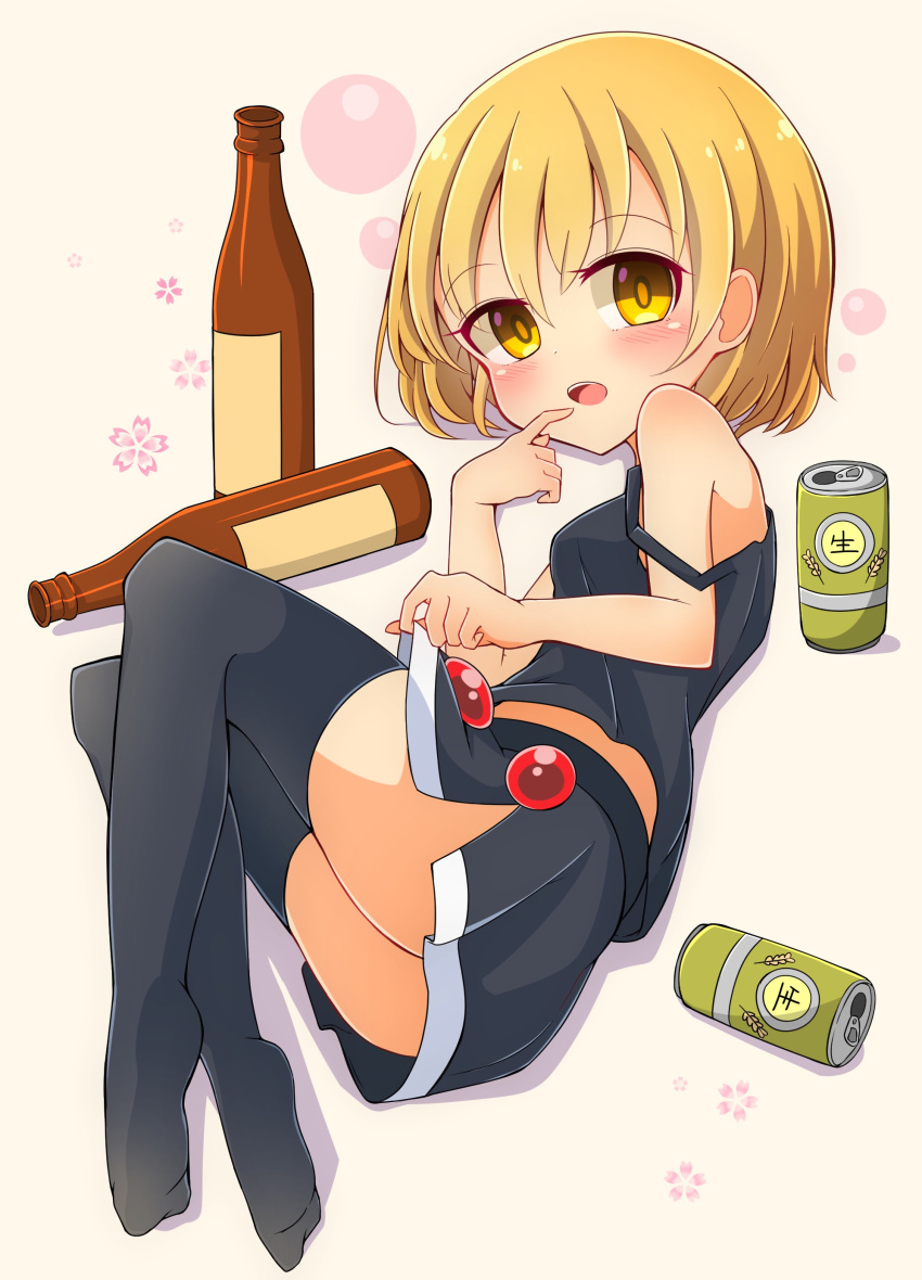 1girl absurdres alcohol bare_arms bare_shoulders black_legwear black_skirt black_tank_top blonde_hair blush body_blush bottle breasts brooch bubble_background can drunk ear eyebrows_visible_through_hair eyelashes eyes_visible_through_hair fetal_position finger_to_mouth floral_background from_side full_body highres inon jewelry legs_together looking_at_viewer lunasa_prismriver lying medium_breasts microskirt midriff_peek no_shoes on_side open_mouth pink_background plantar_flexion pleated_skirt shadow short_hair side_slit skirt skirt_hold solo strap_slip thigh-highs tongue touhou upper_teeth yellow_eyes zettai_ryouiki
