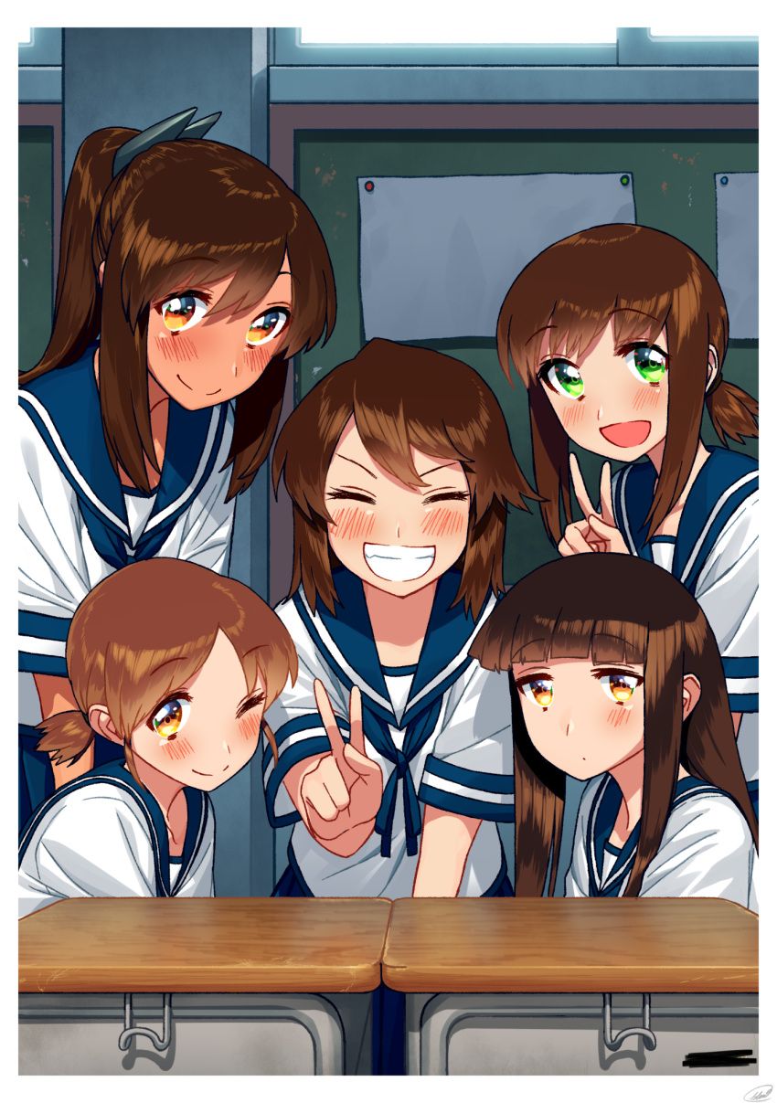 5girls bangs blew_andwhite blue_sailor_collar blunt_bangs brown_eyes brown_hair chalkboard closed_eyes commentary_request desk fubuki_(kantai_collection) green_eyes grin hair_ornament hairclip hatsuyuki_(kantai_collection) highres i-401_(kantai_collection) kantai_collection leaning_forward long_hair looking_at_viewer miyuki_(kantai_collection) multiple_girls ponytail sailor_collar school_desk school_uniform serafuku shirayuki_(kantai_collection) short_hair short_ponytail short_twintails smile tan twintails