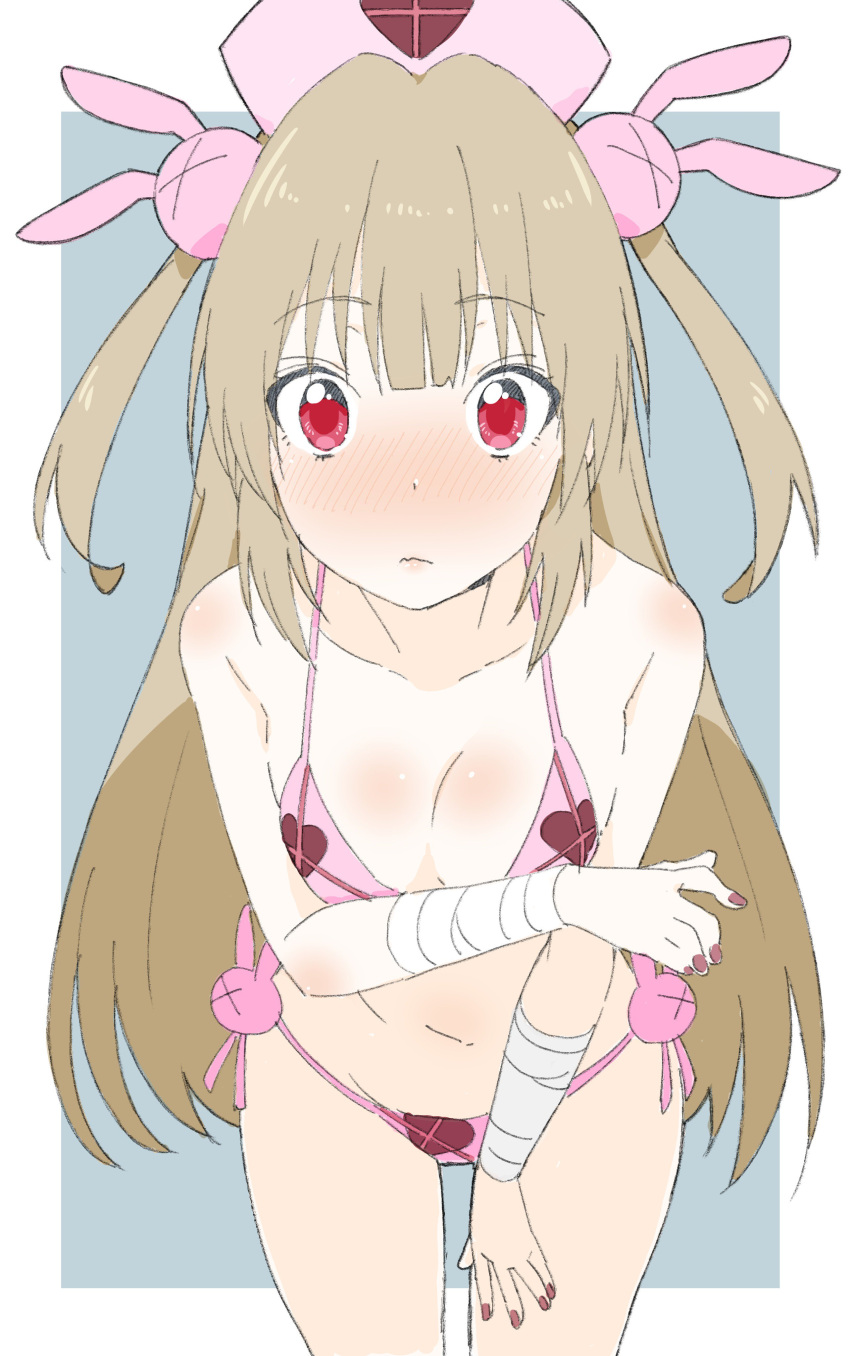 1girl absurdres bandage bikini blush bunny_hair_ornament closed_mouth collarbone donguri_suzume eyebrows_visible_through_hair groin hair_ornament hat heart highres leaning_forward light_brown_hair long_hair looking_at_viewer midriff nail_polish natori_sana navel nurse_cap pink_bikini pink_hat red_eyes red_nails sana_channel solo swimsuit thighs two_side_up very_long_hair virtual_youtuber wavy_mouth