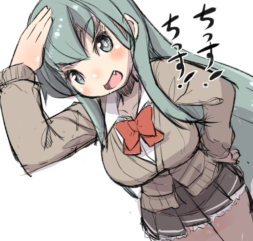1girl :d arm_up bangs blush bow bowtie brown_jacket brown_skirt collarbone collared_shirt dutch_angle eyebrows_visible_through_hair fang green_eyes green_hair hair_between_eyes hand_on_hip jacket kantai_collection long_sleeves open_mouth pleated_skirt red_neckwear school_uniform shirt simple_background skirt smile solo suzuya_(kantai_collection) translation_request u-non_(annon'an) white_background white_shirt