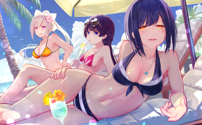 3girls bangs bare_arms bare_legs bare_shoulders beach_umbrella bendy_straw bikini black_bikini blue_bikini blue_eyes blue_hair blue_sky blush bow brat breasts brown_hair chair cleavage closed_mouth clouds cup day drink drinking drinking_glass drinking_straw dutch_angle eyebrows_visible_through_hair eyewear_on_head hair_between_eyes hair_bow hand_on_hip high_ponytail highres higuchi_kaede holding holding_drinking_glass long_hair looking_at_viewer lounge_chair lying medium_breasts multiple_girls navel nijisanji ocean on_side open_mouth orange_bikini orange_eyes outdoors palm_tree parted_lips pink_bikini ponytail purple_hair red_bikini shizuka_rin short_hair silver_hair sitting sky smile striped striped_bikini sunglasses sunlight swimsuit tree tropical_drink tsukino_mito umbrella violet_eyes virtual_youtuber white_bow yellow_bikini yellow_eyes yellow_umbrella