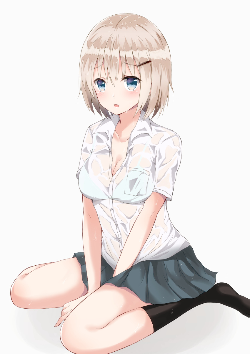 1girl absurdres black_legwear blonde_hair blue_eyes blush breasts buttons cleavage collarbone eyebrows eyebrows_visible_through_hair hair_ornament hairclip highres kneehighs looking_at_viewer open_mouth original revision school_uniform see-through short_hair short_sleeves simple_background sitting solo wariza wet wet_clothes white_background yuzuru_(hayuiop123)