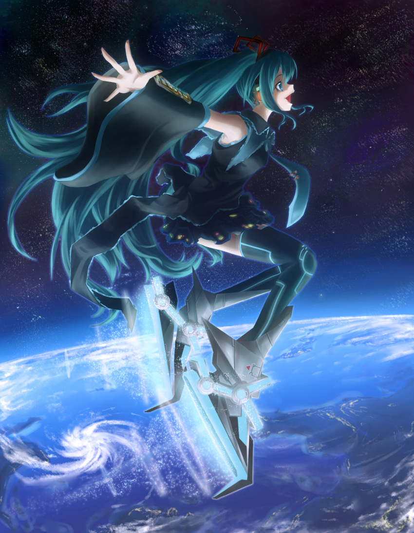 aqua_hair arkas cloud clouds detached_sleeves earth flying hatsune_miku highres ocean orbit outer_space space star thighhighs twintails vocaloid water