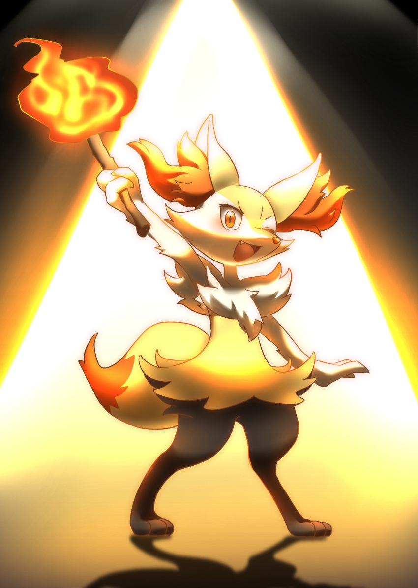 1girl animal_ear_fluff animal_ears animal_feet animal_hands animal_nose arm_up backlighting black_fur blush body_fur braixen commentary_request enden_(slcn040) fang fire flat_chest fox_ears fox_girl fox_tail full_body fur_collar furry furry_female happy highres holding holding_stick looking_at_viewer one_eye_closed open_mouth outstretched_arm partial_commentary pokemon pokemon_(creature) pyrokinesis red_eyes shadow smile snout solo stage_lights standing stick tail white_fur yellow_fur