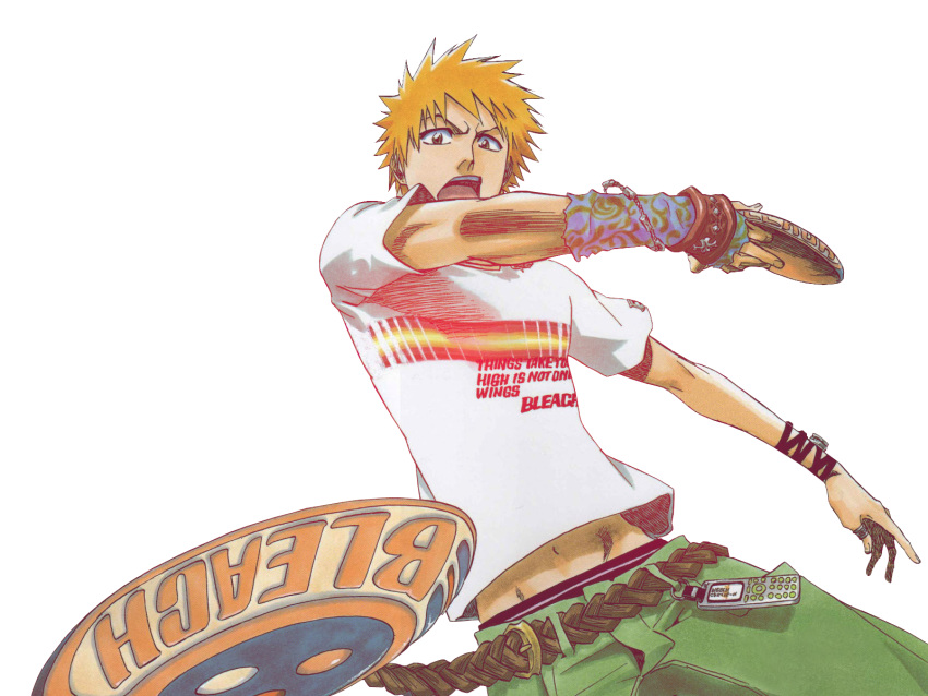1600x1200 1boy casual cellphone clothes_writing copyright_name frisbee highres kubo_taito kubo_tite kurosaki_ichigo male official_art open_mouth orange_hair phone png short_hair short_sleeves simple_background solo spiked_hair title_drop transparent transparent_background