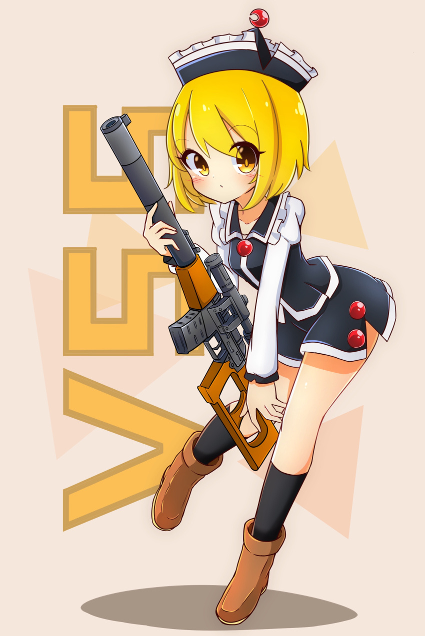 1girl absurdres bangs black_legwear blonde_hair blush brown_footwear commentary_request crescent eyebrows_visible_through_hair full_body gun hat highres holding holding_gun holding_weapon inon juliet_sleeves kneehighs leaning_forward long_sleeves looking_at_viewer lunasa_prismriver parted_lips puffy_sleeves rifle short_hair skirt sniper_rifle solo standing standing_on_one_leg touhou vss_vintorez weapon yellow_eyes