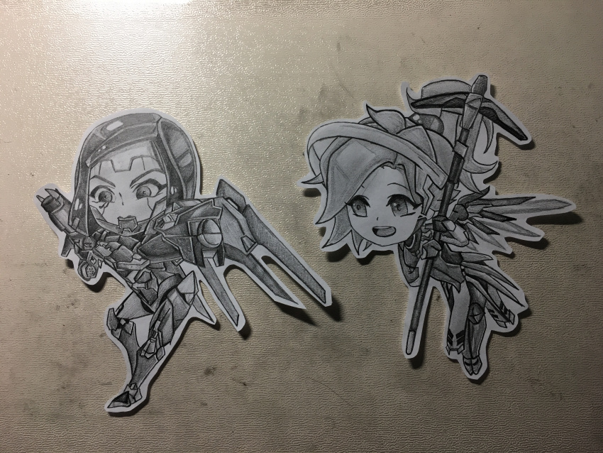2girls absurdres alternate_costume bodysuit chibi cyborg dark_skin eye_of_horus facial_mark facial_tattoo faulds full_body graphite_(medium) grey_background guangying_zhi_shang hair_tie helmet high_ponytail highres holding holding_staff holding_weapon looking_at_another mechanical_halo mechanical_wings mechaqueen_pharah mercy_(overwatch) monochrome multiple_girls open_mouth overwatch paper_cutout papercraft pelvic_curtain pharah_(overwatch) photo power_armor power_suit rocket_launcher sketch smile staff tattoo traditional_media weapon wings