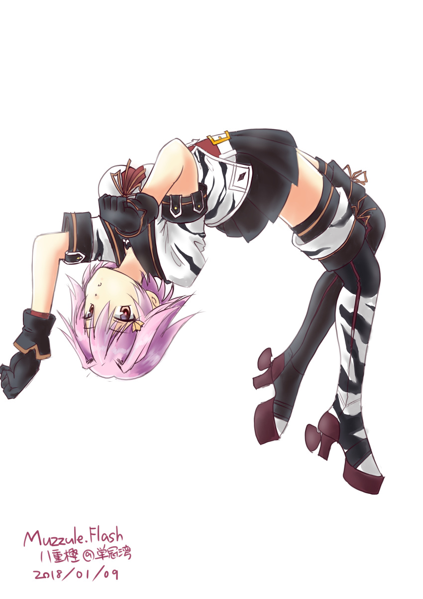 1girl absurdres artist_name black_gloves black_skirt boots commentary_request dated from_side gloves hair_ornament high_heels highres kantai_collection looking_at_viewer muzzuleflash paw_pose pink_hair pleated_skirt red_eyes remodel_(kantai_collection) rudder_shoes short_hair short_sleeves simple_background skirt solo tama_(kantai_collection) thigh-highs thigh_boots upside-down