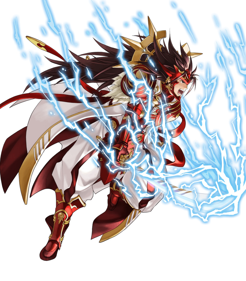 1boy armor attack brown_eyes brown_hair electricity feathers fire_emblem fire_emblem_heroes fire_emblem_if gloves highres holding holding_sword holding_weapon katana kita_senri lightning long_coat long_hair male_focus mask official_art open_mouth pants raijintou_(sword) red_armor ryouma_(fire_emblem_if) serious sheath simple_background solo spiky_hair sword very_long_hair weapon white_background white_coat white_pants