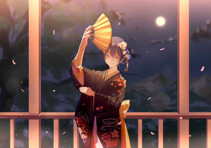 1girl arm_up bangs blue_hair closed_eyes fan floral_print flower folding_fan full_moon hair_between_eyes hair_bun hair_flower hair_ornament highres holding holding_fan japanese_clothes kimono long_hair long_sleeves love_live! love_live!_school_idol_project moon night smile solo sonoda_umi walluku