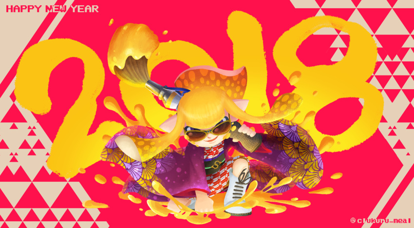 1girl 2018 blonde_hair boots clenched_hand clumeal domino_mask full_body happy_new_year highres holding inkbrush_(splatoon) inkling japanese_clothes kimono long_sleeves looking_at_viewer mask nengajou new_year obi one_knee open_mouth over_shoulder pointy_ears sash smile solo splatoon splatoon_2 sunglasses tentacle_hair twitter_username violet_eyes white_footwear wide_sleeves