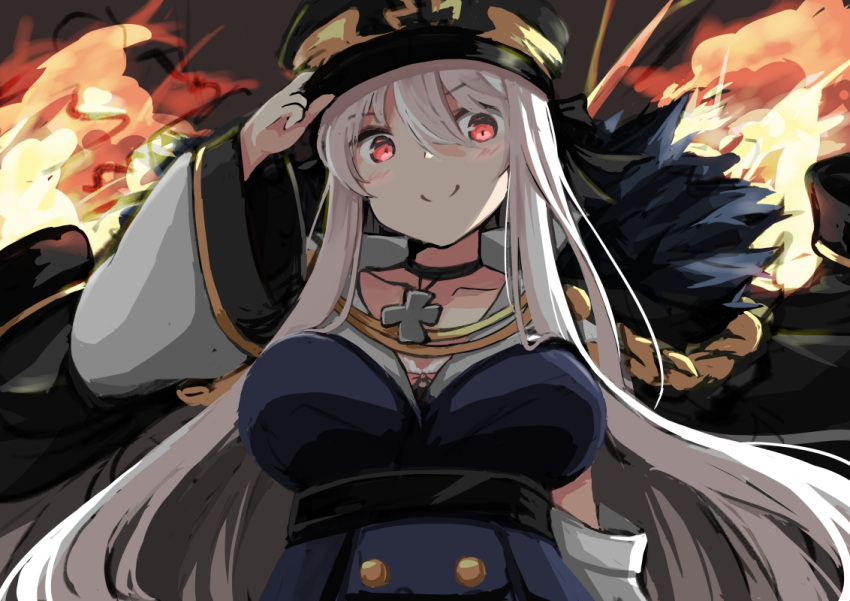 1girl arm_up bangs black_choker black_hat blue_dress blush breasts choker closed_mouth coat collarbone commentary_request dress eyebrows_visible_through_hair fur-trimmed_coat fur_trim girls_frontline hair_between_eyes hakuya_(white_night) hand_on_headwear hat iron_cross kar98k_(girls_frontline) large_breasts long_hair looking_at_viewer military_hat open_clothes open_coat peaked_cap red_eyes silver_hair smile solo very_long_hair white_coat