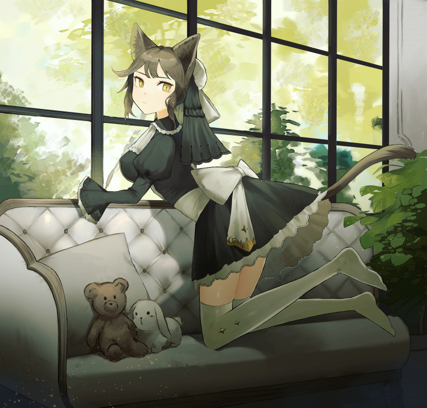 1girl :&lt; absurdres animal_ears black_dress blush bow breasts brown_hair cat_ears cat_girl cat_tail closed_mouth commentary_request couch day dress hair_ornament highres indoors juliet_sleeves long_sleeves looking_at_viewer looking_to_the_side medium_breasts no_shoes on_couch original puffy_sleeves shibainu solo stuffed_animal stuffed_bunny stuffed_toy tail tail_lift tail_raised teddy_bear thigh-highs white_bow white_legwear window yellow_eyes