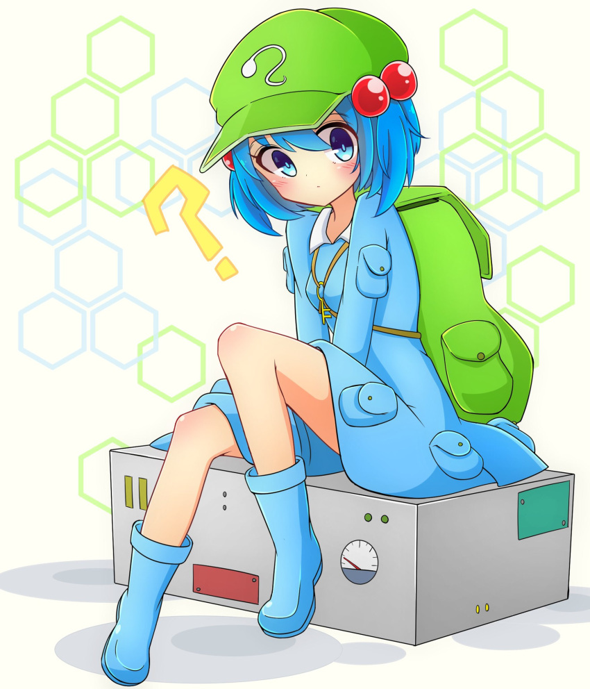 1girl ? backpack bag bangs blue_dress blue_eyes blue_footwear blue_hair blush boots closed_mouth commentary_request dress eyebrows_visible_through_hair full_body green_hat hair_bobbles hair_ornament hat highres inon kawashiro_nitori key looking_at_viewer pouch sitting solo touhou