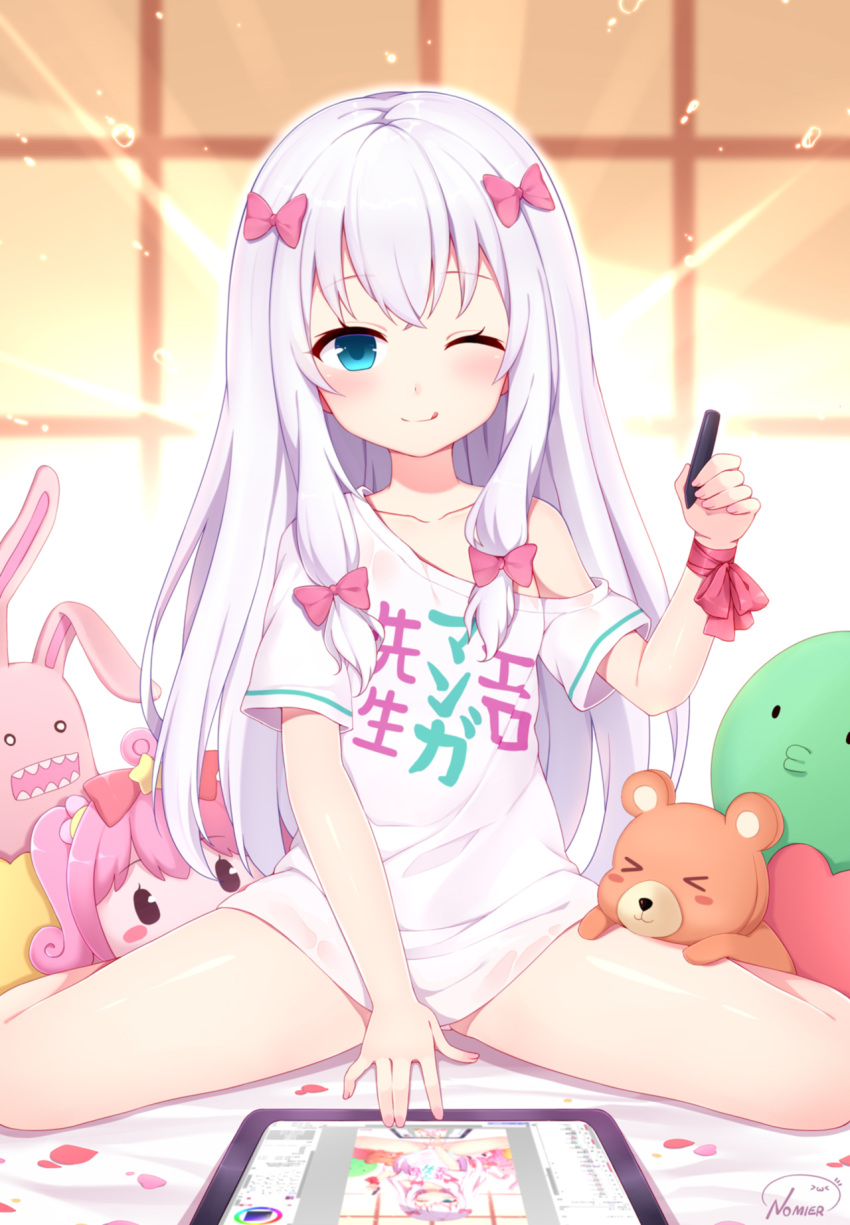 1girl :p arm_up blue_eyes bow commentary_request eromanga_sensei hair_bow highres izumi_sagiri long_hair no_pants nomier off_shoulder one_eye_closed panties panty_peek revision ribbon shirt short_sleeves silver_hair sitting smile solo spread_legs stuffed_animal stuffed_toy stylus t-shirt tablet_pc teddy_bear thighs tongue tongue_out underwear white_panties white_shirt wrist_ribbon