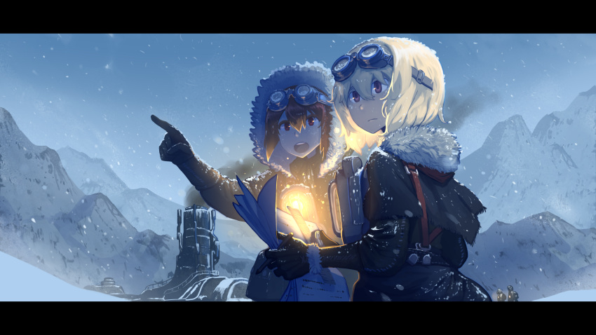2girls blonde_hair brown_hair commentary erica_(naze1940) fur_trim goggles goggles_on_head highres holding hood hood_up lantern letterboxed multiple_girls original outdoors paper pointing snow snowing winter_clothes