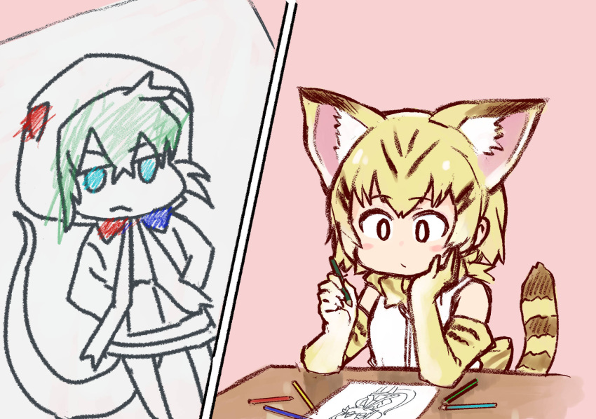 1girl animal_ears bare_shoulders blonde_hair blush bow bowtie cat_ears drawing elbow_gloves eyebrows_visible_through_hair gloves highres hood hoodie kemono_friends multicolored_hair ouka_(yama) paper pencil sand_cat_(kemono_friends) short_hair snake_tail tail tsuchinoko_(kemono_friends) vest