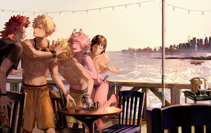 1girl 4boys abs arm_at_side ashido_mina bakugou_katsuki barefoot_sandals bikini blonde_hair boku_no_hero_academia brown_hair chair chest cityscape closed_eyes closed_mouth covered_eyes cowboy_shot foot_up goggles goggles_around_neck grin hand_on_another's_face hand_on_another's_shoulder hand_up hands_up horns kaminari_denki kirishima_eijirou leaning_forward leaning_on_person looking_at_another male_focus male_swimwear multiple_boys navel ocean open_mouth outdoors pants pink_hair pink_skin pointing pointing_at_self redhead sandals scenery sero_hanta sharp_teeth shirt short_hair short_sleeves side-tie_bikini side-tie_bottom sky smile spiky_hair standing standing_on_one_leg stomach sunset swim_trunks swimsuit swimwear t-shirt table taro-k teeth toes water |d
