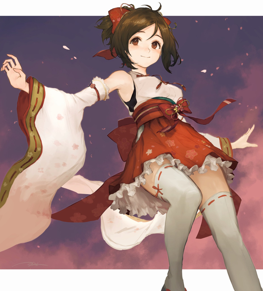 1girl brown_eyes brown_hair character_request copyright_request detached_sleeves hakama_skirt highres japanese_clothes kouzuki_kei miko obi outstretched_arms petticoat red_skirt sash short_ponytail skirt solo thigh-highs white_legwear wide_sleeves zettai_ryouiki