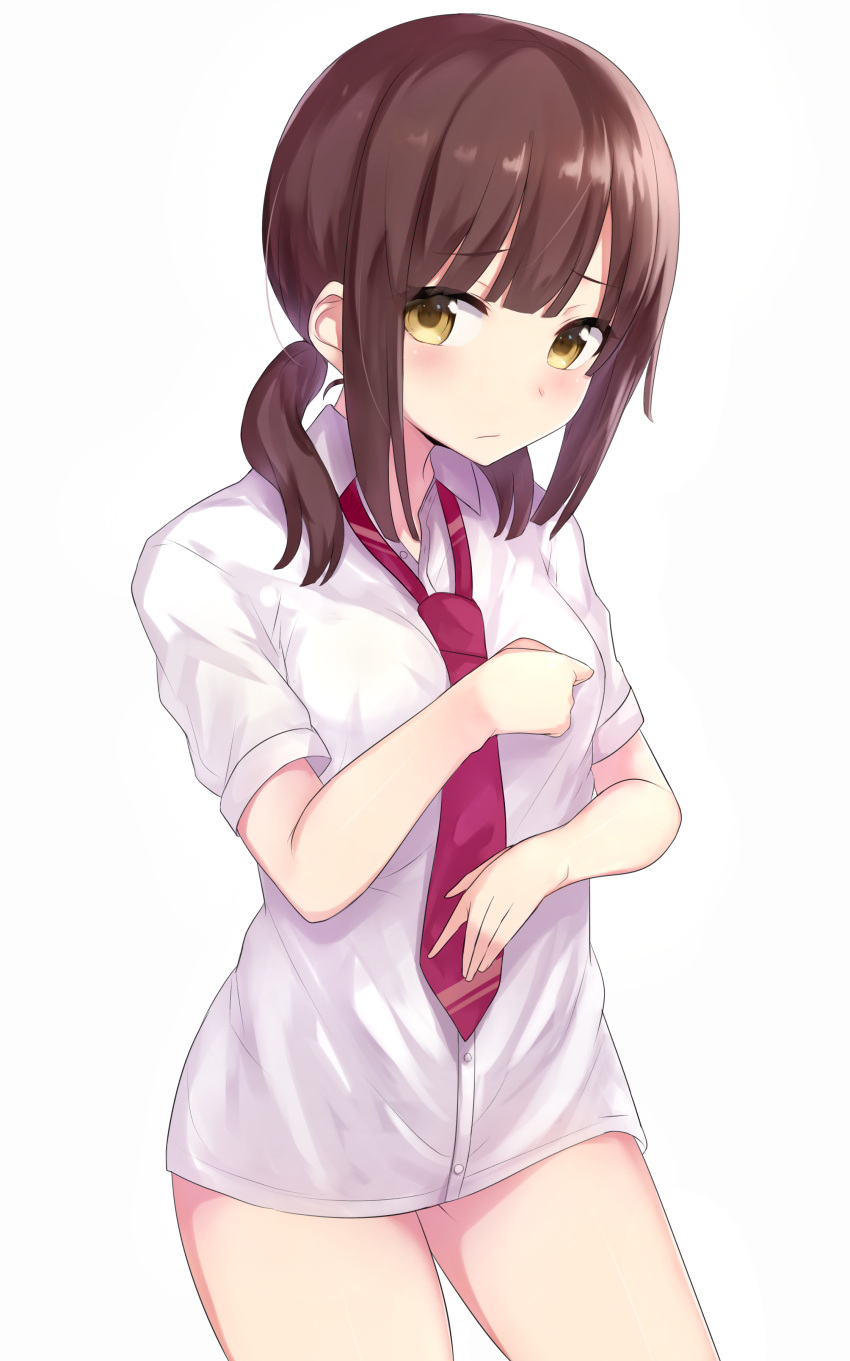 1girl absurdres bangs blush breasts brown_eyes brown_hair closed_mouth collared_shirt commentary dress_shirt eyebrows_visible_through_hair hand_up highres ichijou_(kr_neru0) long_hair looking_at_viewer low_twintails nail_polish necktie no_pants original purple_nails school_uniform shirt short_sleeves sidelocks simple_background small_breasts solo twintails white_background white_shirt