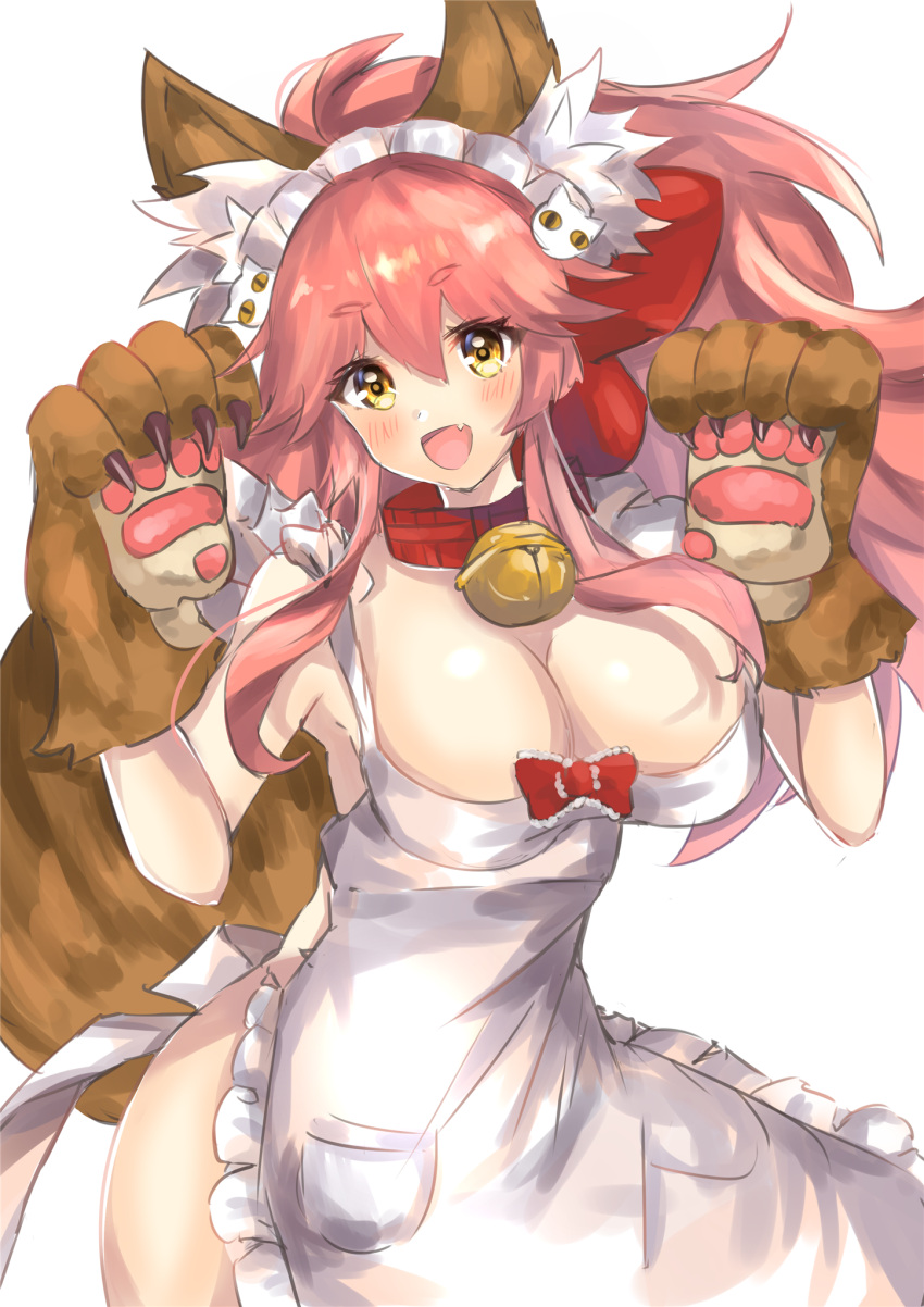 1girl animal_ears apron artist_request bangs bare_shoulders bell bell_collar blush bow breasts cat_hair_ornament cat_paws cleavage collar eyebrows eyebrows_visible_through_hair fang fate/grand_order fate_(series) fox_ears fox_tail frills gloves hair_between_eyes hair_bow hair_ornament hands_up highres hips jingle_bell large_breasts long_hair looking_at_viewer maid_headdress naked_apron open_mouth paw_gloves paws pink_hair red_bow sidelocks simple_background solo tail tamamo_(fate)_(all) tamamo_cat_(fate) waist yellow_eyes